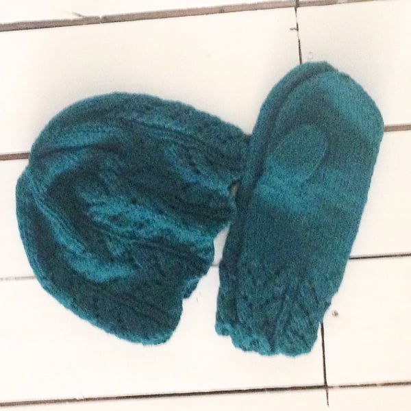 Dark Turquoise Aran Hand Knitted Hat and Mitten Set - UK Free Post