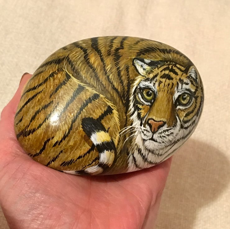 Tiger hand painted pebble garden rock art pet s... - Folksy
