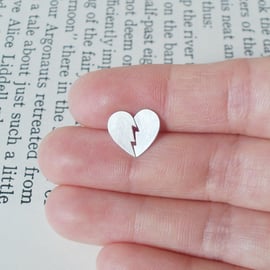 broken heart earring studs in sterling silver, handmade in the UK