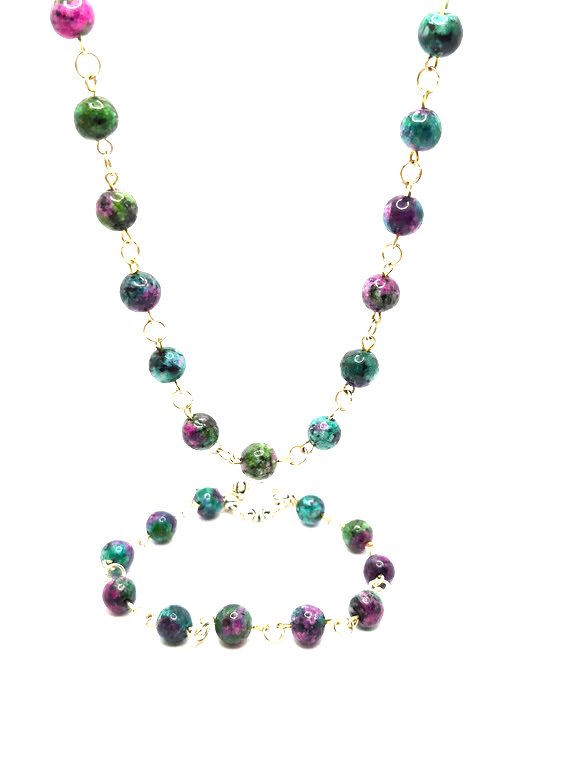 Fancy jasper rosary link necklace and bracelet jewellery set