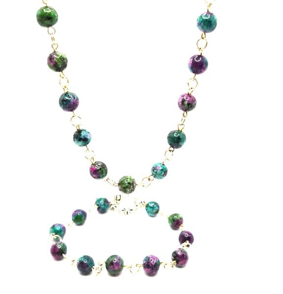 Fancy jasper rosary link necklace and bracelet jewellery set