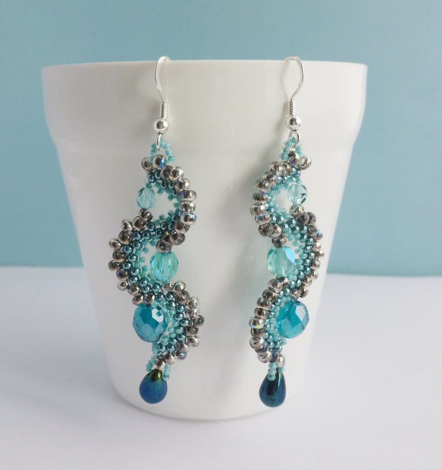 Aqua Blue Beaded Ocean Wave Statement Earrings