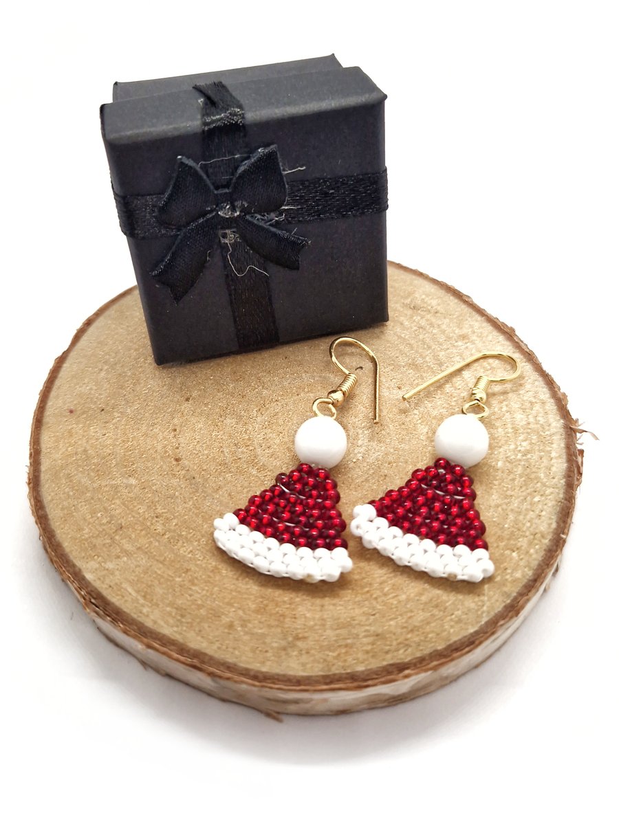 Santa hat and elf hat beaded Christmas earrings