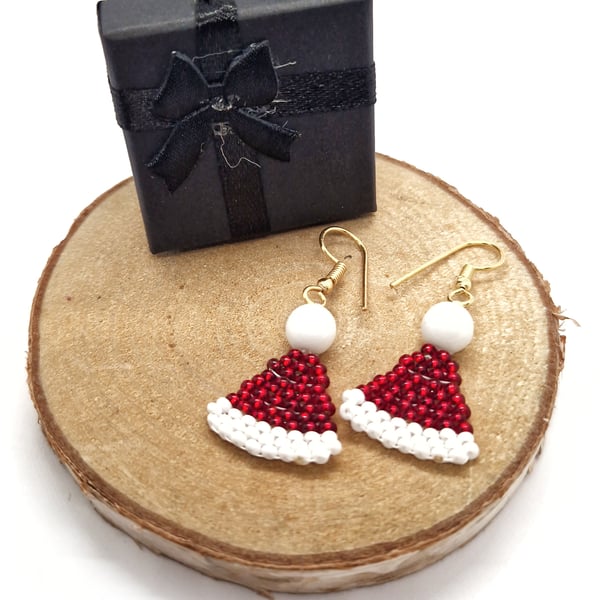 Santa hat and elf hat beaded Christmas earrings