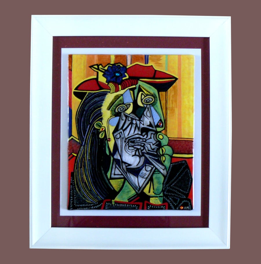 Handmade Fused Glass Picasso 'Weeping Woman' Painting