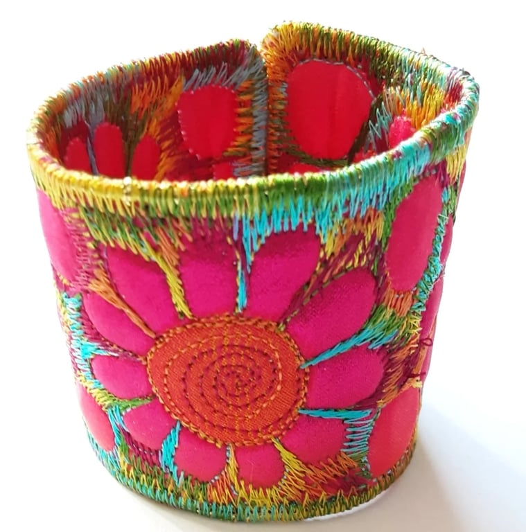 Cuff - Fabric Bracelet with Free Machine Embroidery 