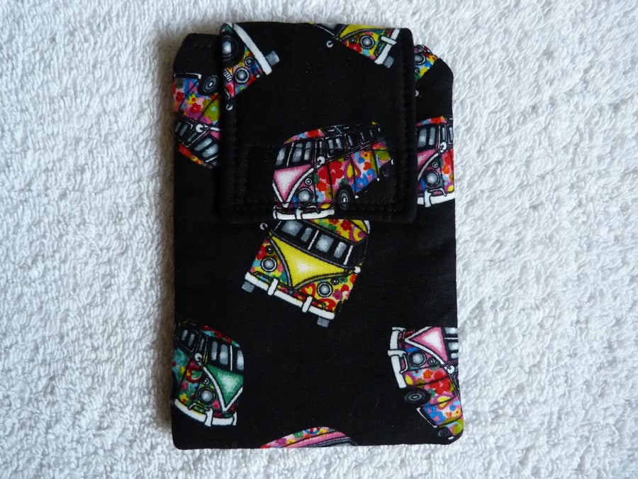 Mobile Phone Cover in Black VW Camper Print  Suitable for Medium Sized Phones