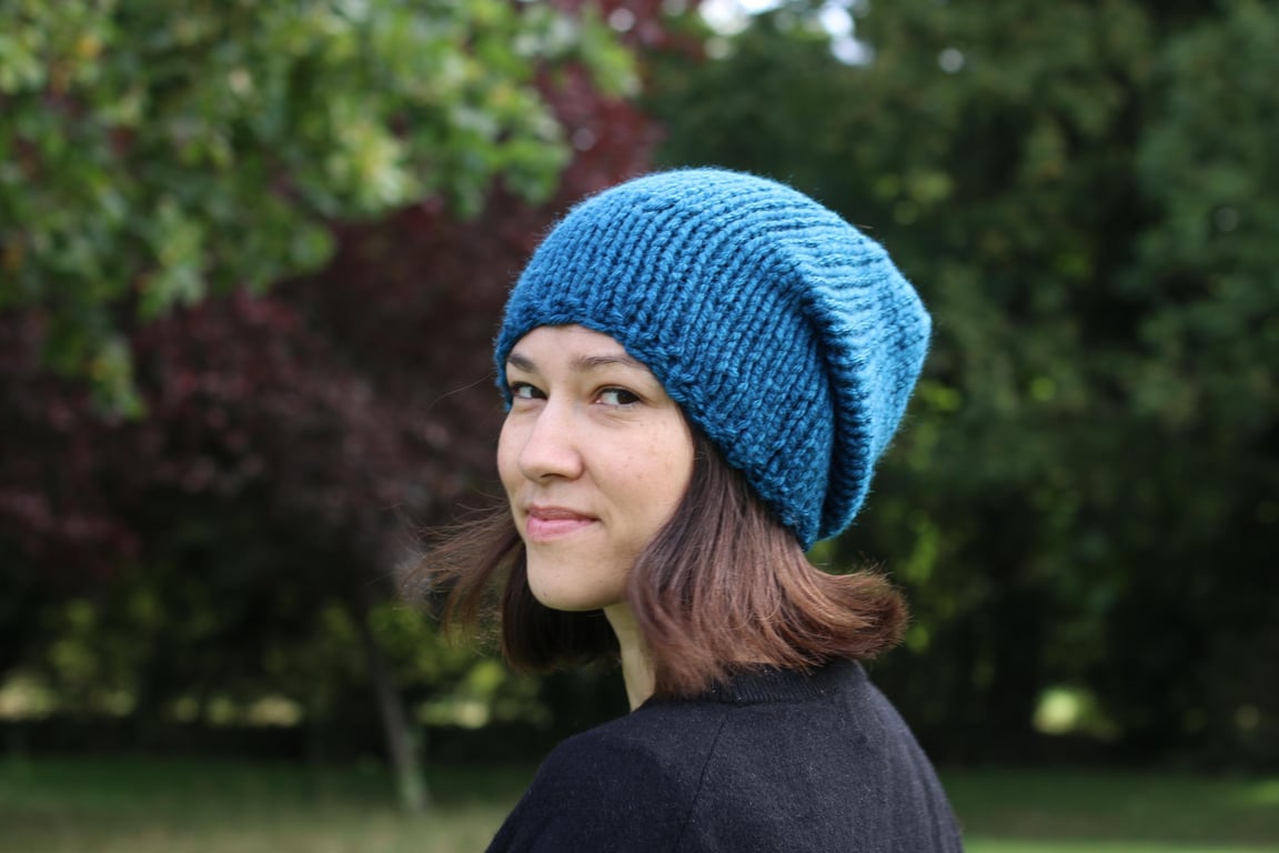 Hand Knitted Slouchy Beanie, Seamless Chunky Winter Beanie, Petrol