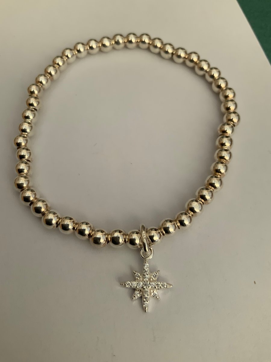 Sterling Silver Bead Bracelet with North Star Charm – Handmade Celestial Gift fo
