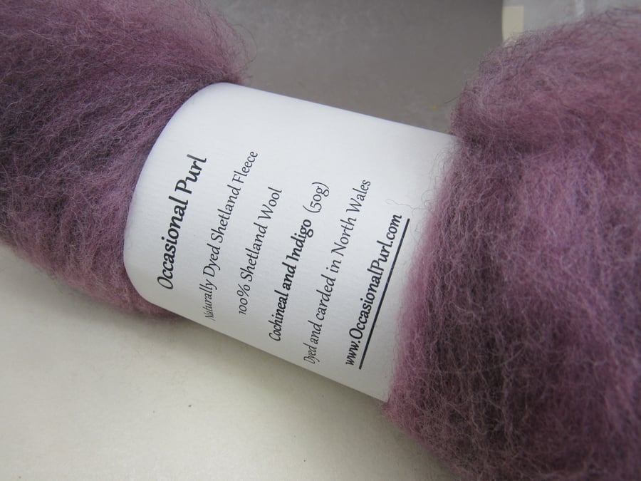 50g Cochineal and Indigo Purple Naturally Dyed Shetland Wool Batt