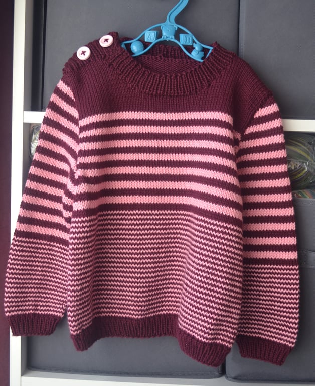 Hand Knitted Child Striped Sweater Burgundy Pink Cotton Modal 3-4 Years