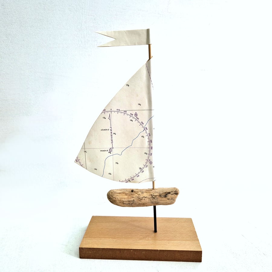 Dorset - Weymouth driftwood sailboat ornament, repurposed nautical map sail