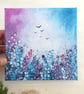 Original Acrylic Painting On Canvas,  Pink & Blue Wild Meadow Flowers And Birds - Image 2