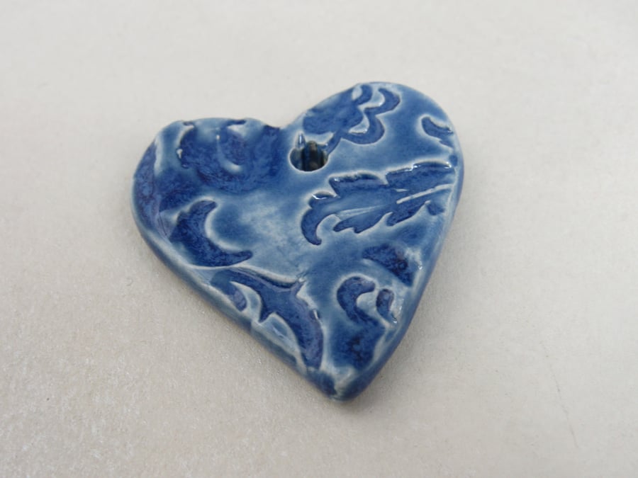 Medium Ice Blue Brocade Texture Heart Shaped Ceramic Pendant