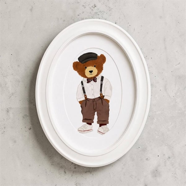 Hand-Painted Teddy Bear Wall Art, Framed Oval Acrylic Vintage Bear Nursery decor