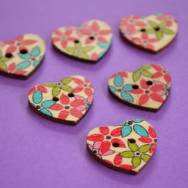 Wooden Heart Buttons Floral Red Green Blue Pink 6pk 25x22mm (H19)