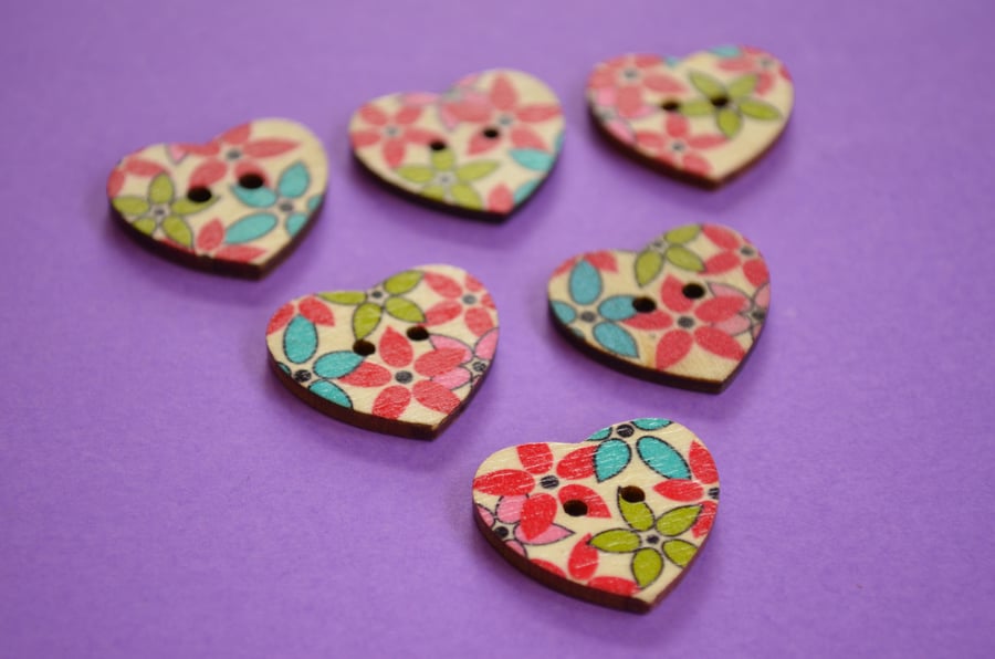 Wooden Heart Buttons Floral Red Green Blue Pink 6pk 25x22mm (H19)