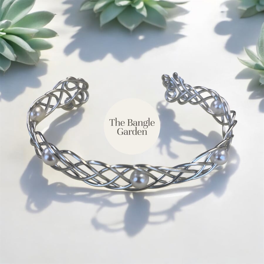 Handmade wire woven silver and pearl bangle
