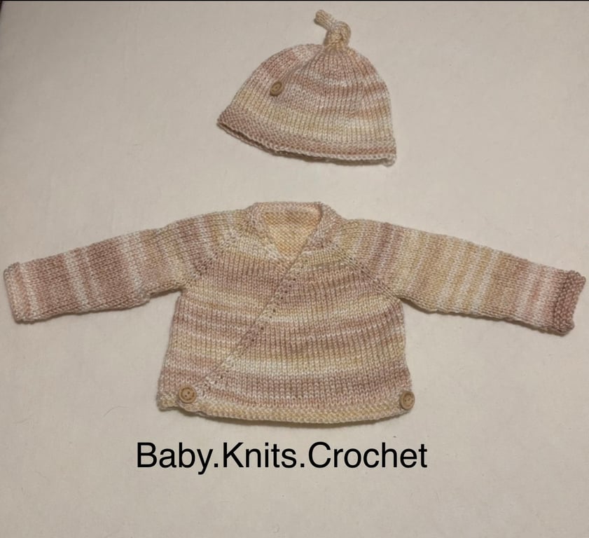 Knitted Baby Crossover Cardigan and Hat 0-3 Months 