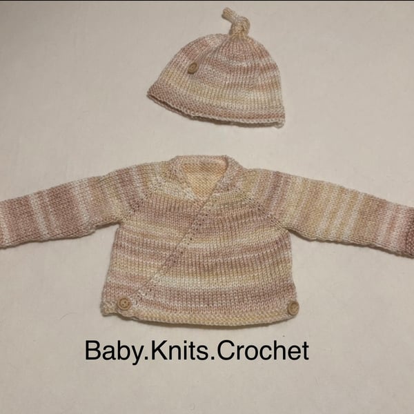 Knitted Baby Crossover Cardigan and Hat 0-3 Months 