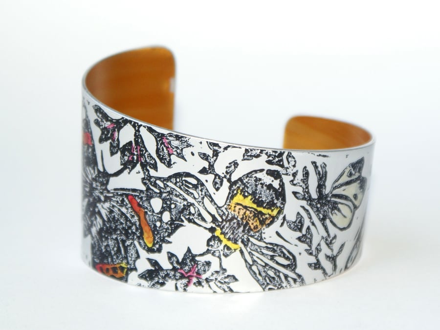 Hand printed bee and butterfly cuff