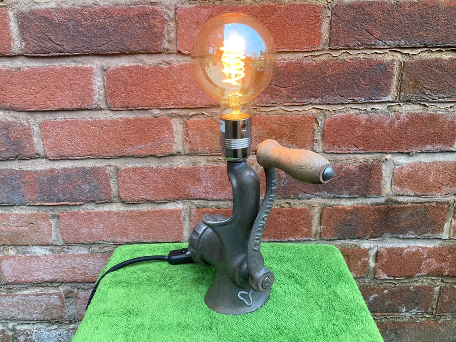 Cast Iron Table Lamp, Repurposed 1950s Kenrick Meat Grinder