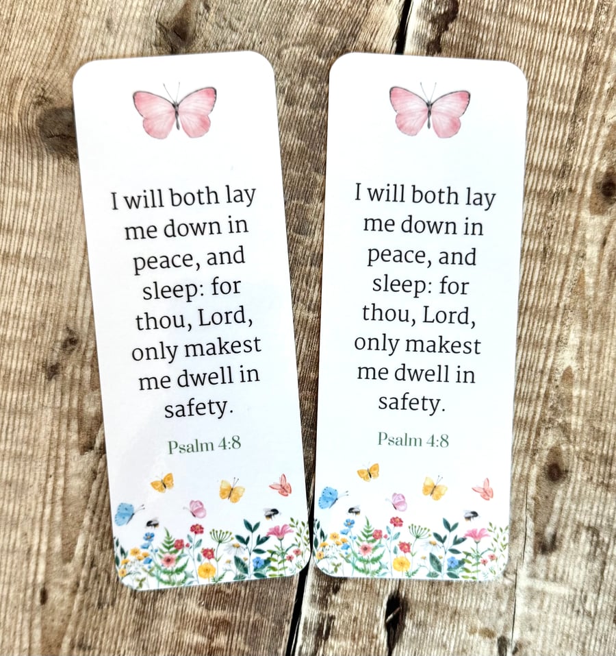 Handmade Christian bookmarks Psalm 4:8 glossy laminated 
