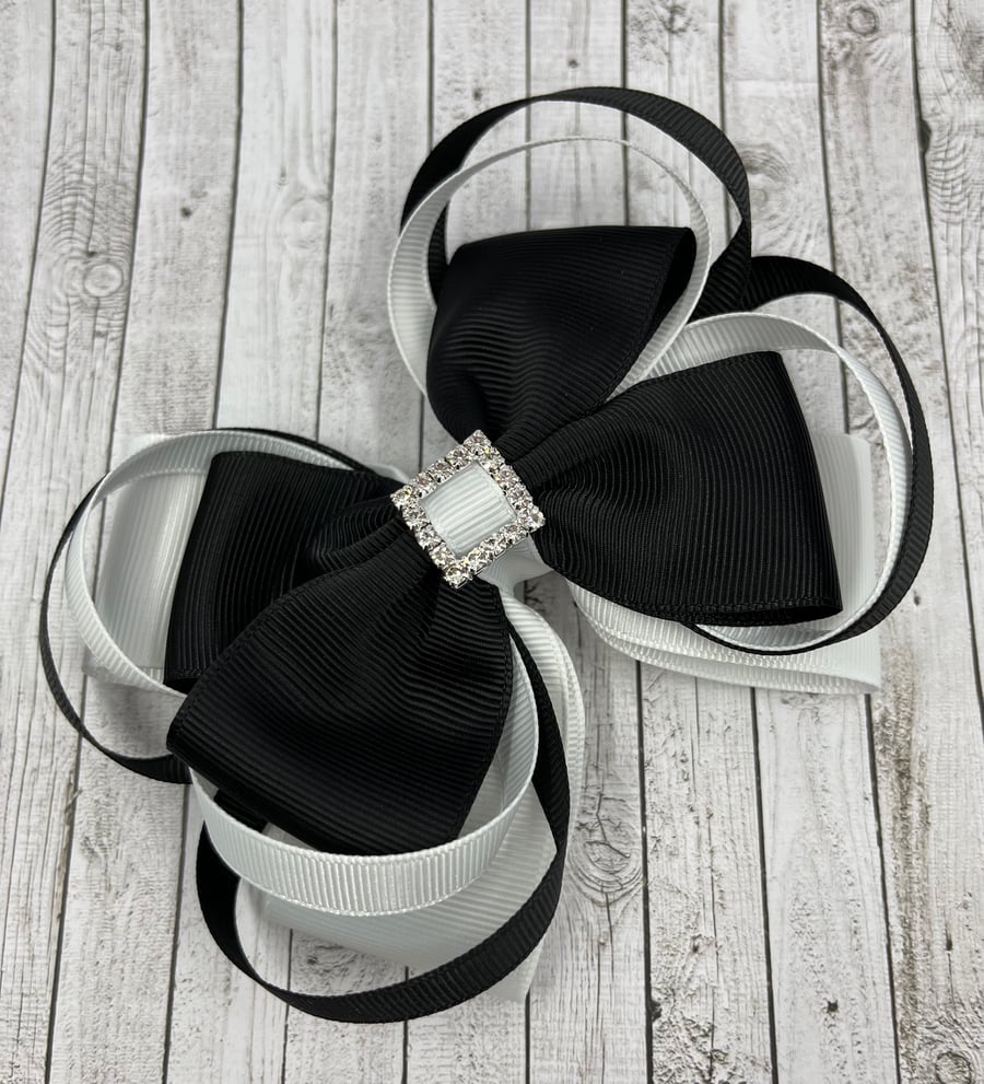 Large 5 inch Black and White Double Layer Bow with Double Loops