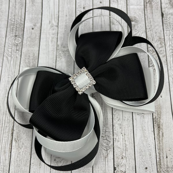 Large 5 inch Black and White Double Layer Bow with Double Loops