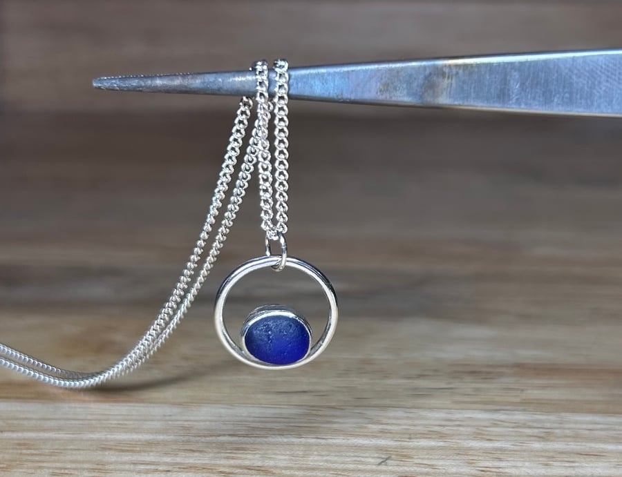 Handmade Sterling Silver Ring Pendant With a Piece Of Indigo Blue Welsh SeaGlass