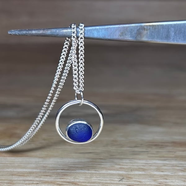 Handmade Sterling Silver Ring Pendant With a Piece Of Indigo Blue Welsh SeaGlass