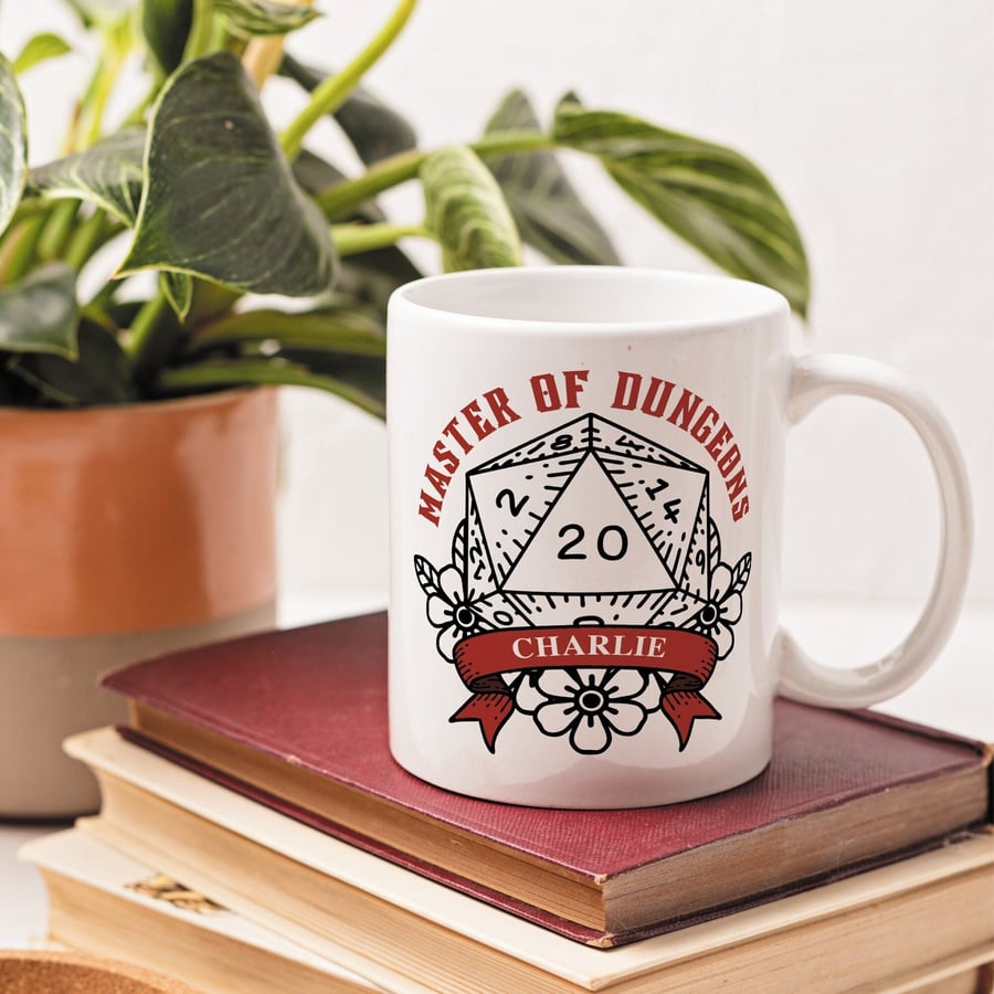 Master Of Dungeons Personalised DnD Mug, Dungeons And Dragons Gift, D20 Mug