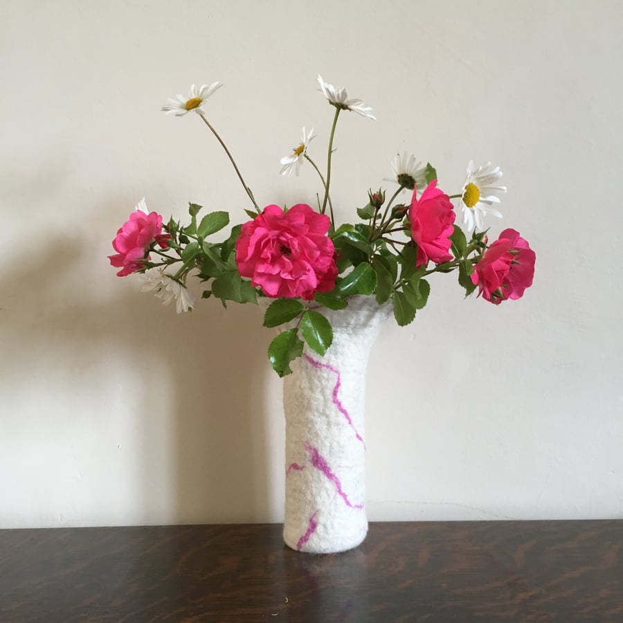 Flower vase, hand felted in natural white with glitter and pink highlights