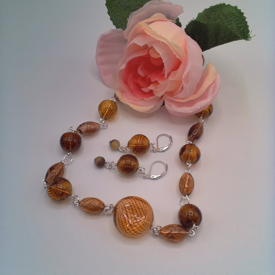 Golden Brown Hollow Glass Bead Necklace and Earrings, Gift for Her, Gift Set