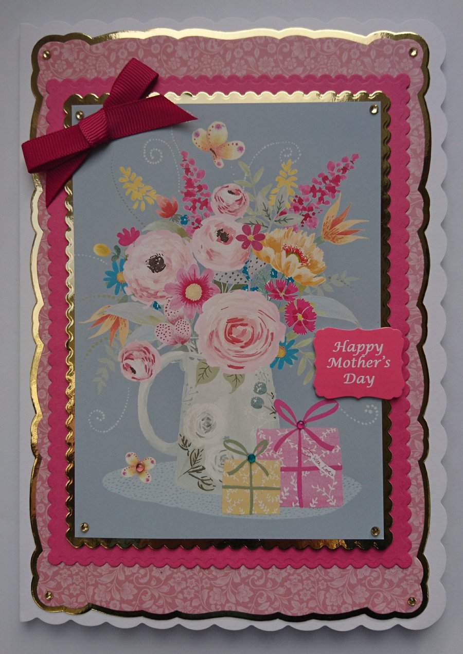 3D Luxury Handmade Card Happy Mother's Day Pretty Jug of Flowers with Presents