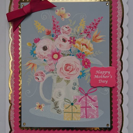 3D Luxury Handmade Card Happy Mother's Day Pretty Jug of Flowers with Presents