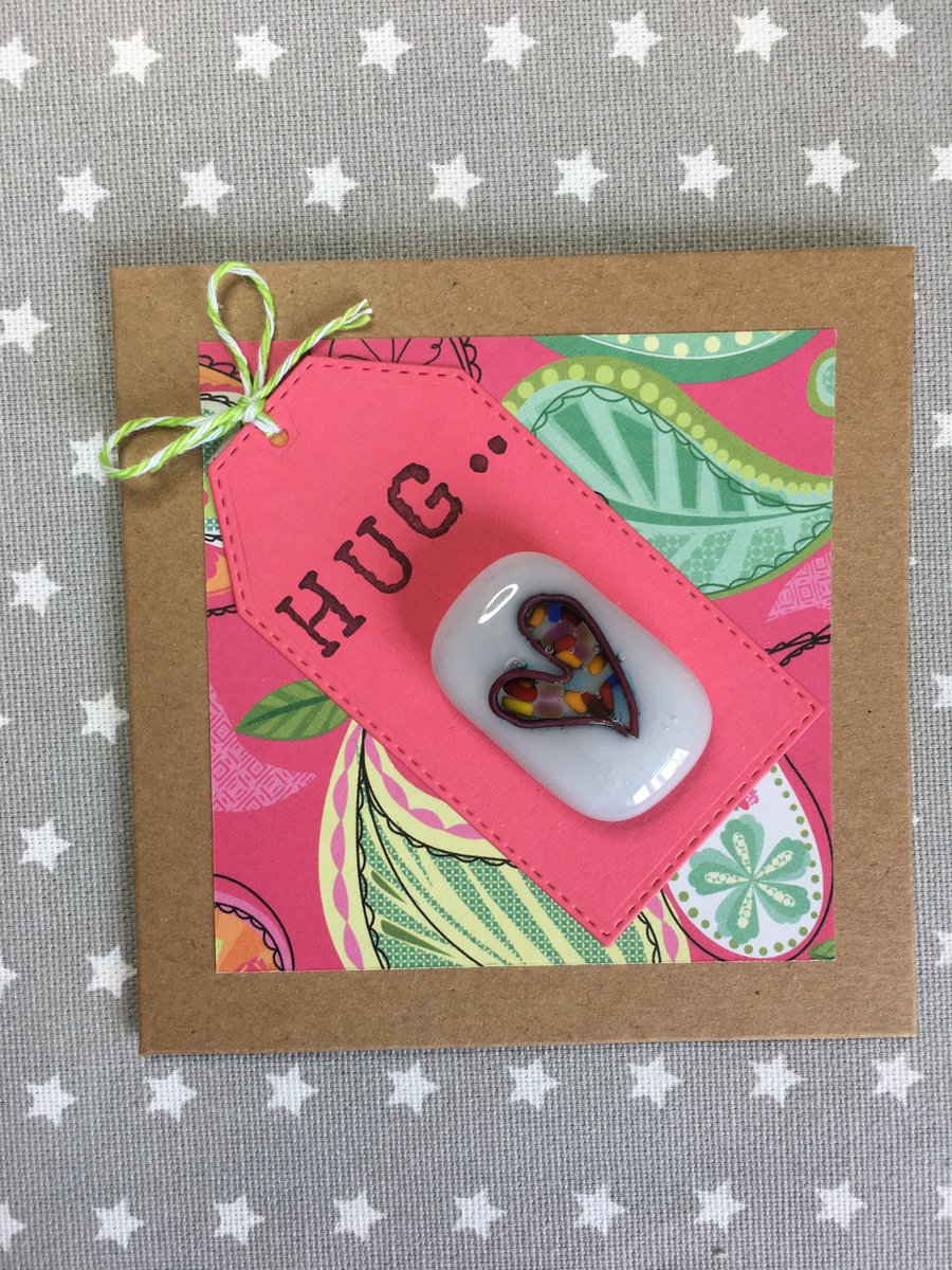 Fused glass ‘hug’ keepsake card with fridge magnet gift.