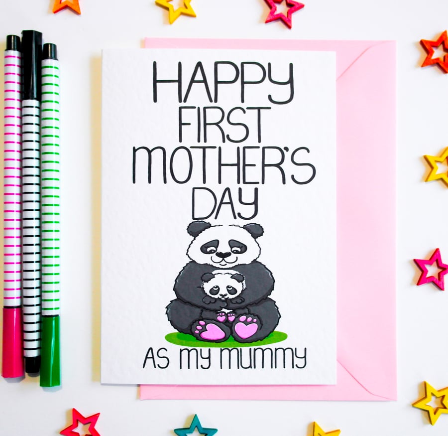 Happy First Mother's Day As My Mummy Mother's Day Card, Panda and Baby Mum Card