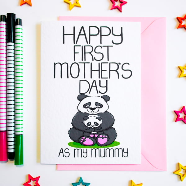 Happy First Mother's Day As My Mummy Mother's Day Card, Panda and Baby Mum Card