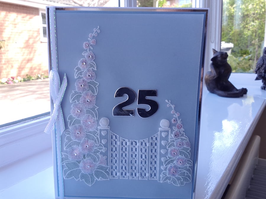 Hollyhock silver wedding parchment card