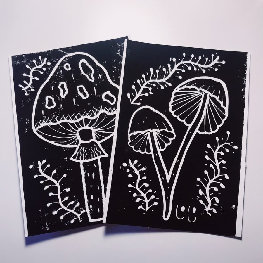 Two Lino Cut Print Black and White Mushrooms 