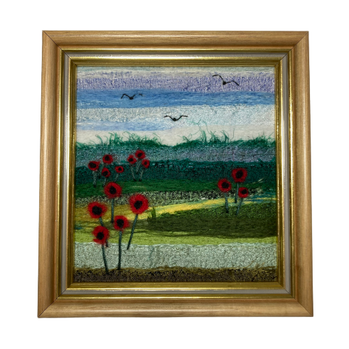 Textile needle felted silk and wool picture, poppies. 
