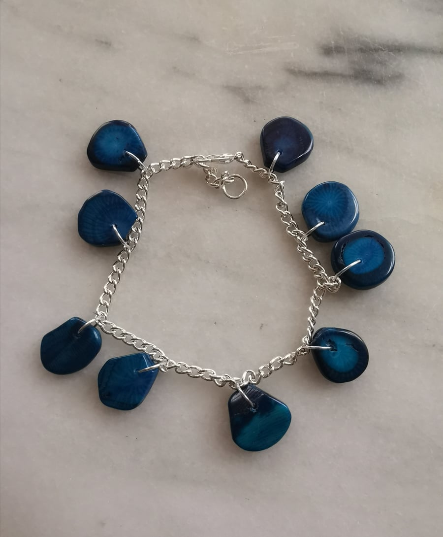 Blue dyed coral bracelet on silver plated chain