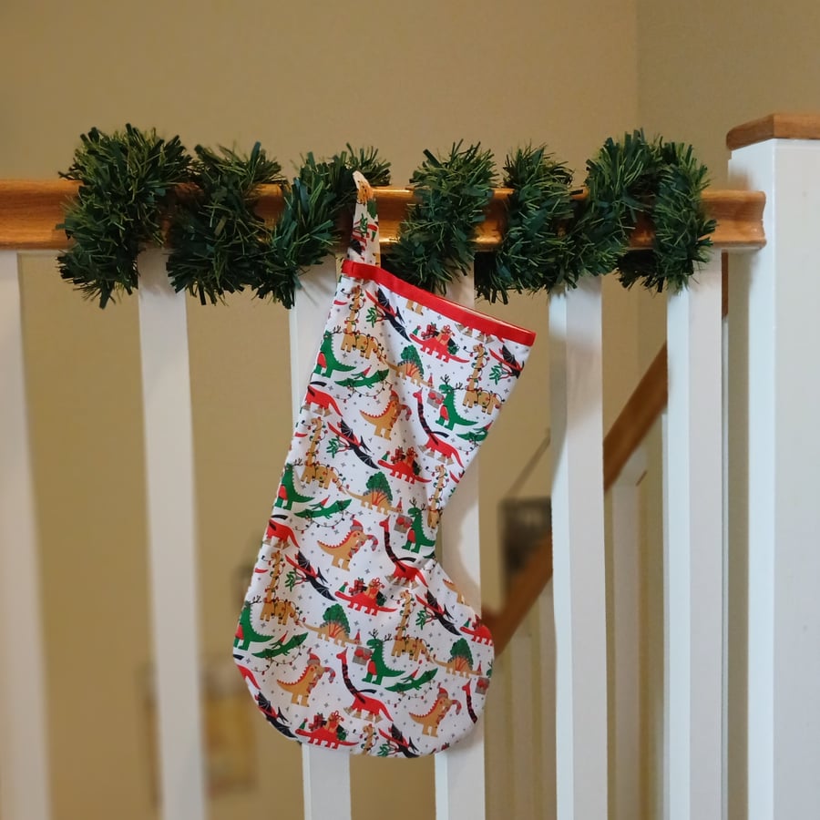 Handmade Christmas stocking - festive dinosaurs 