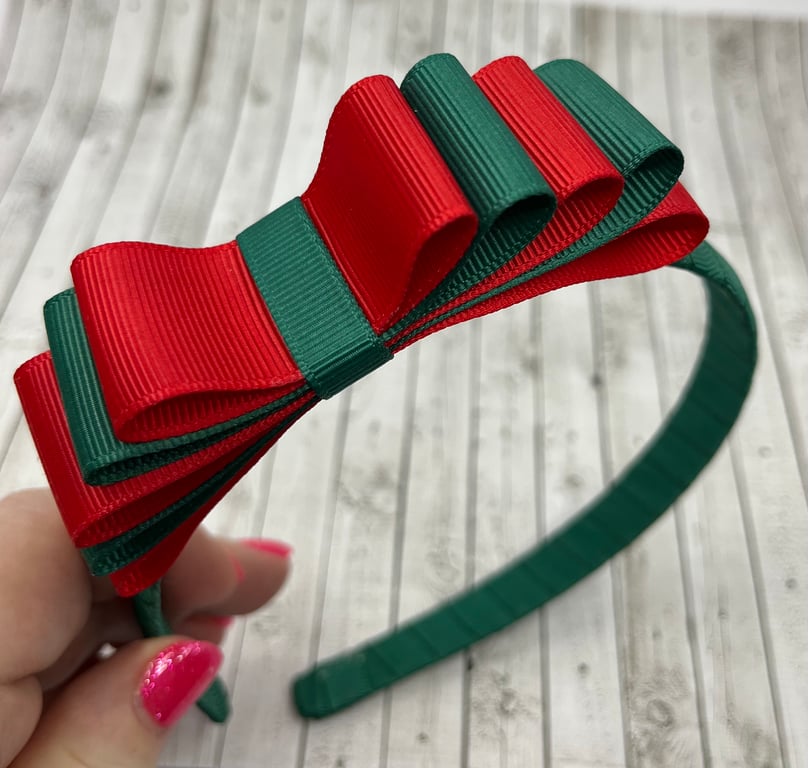 School Hunter Green and Red Hairband with 5 Layer Two-tone Straight Bow
