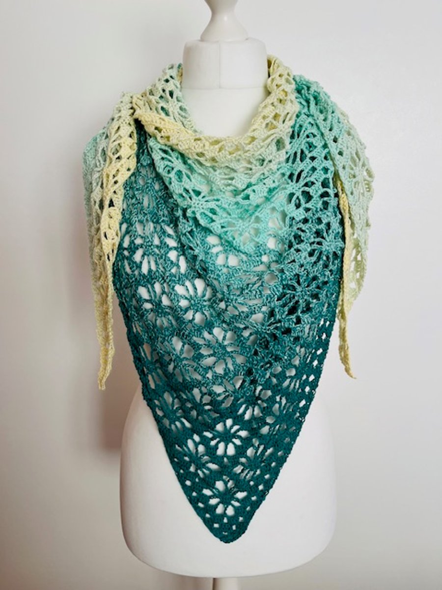 Ladies Green and Lemon Crocheted Shawl, Triangular Shawl, Birthday Gift Idea
