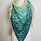 Ladies Green and Lemon Crocheted Shawl, Triangular Shawl, Birthday Gift Idea
