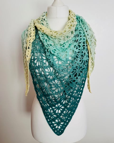 Ladies Green and Lemon Crocheted Shawl, Triangular Shawl, Birthday Gift Idea