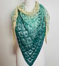 Ladies Green and Lemon Crocheted Shawl, Triangular Shawl, Birthday Gift Idea