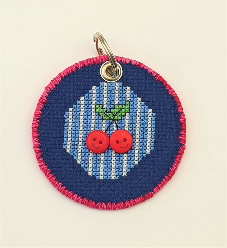 Cherry Cross Stitch round Keyring with Button Faces